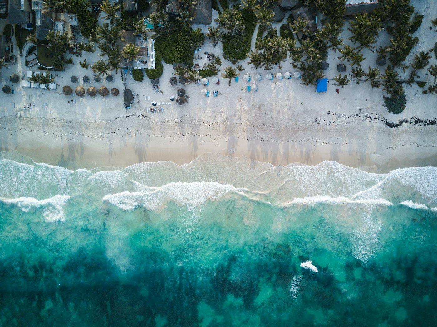 Aerial view of a beach and turquoise sea
